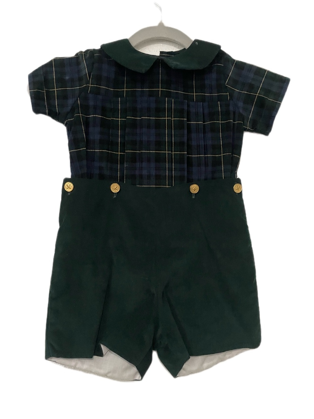 Toddlers' Green Plaid Shortall with Gold Button Detail
